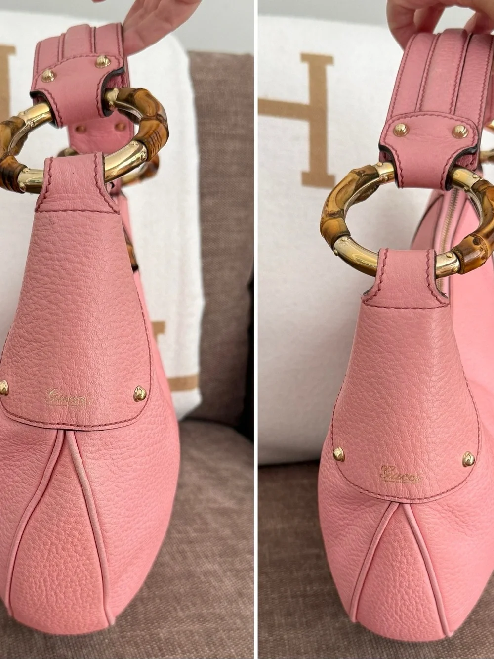 Authentic Gucci pink leather hobo bag bamboo accents shoulder bag